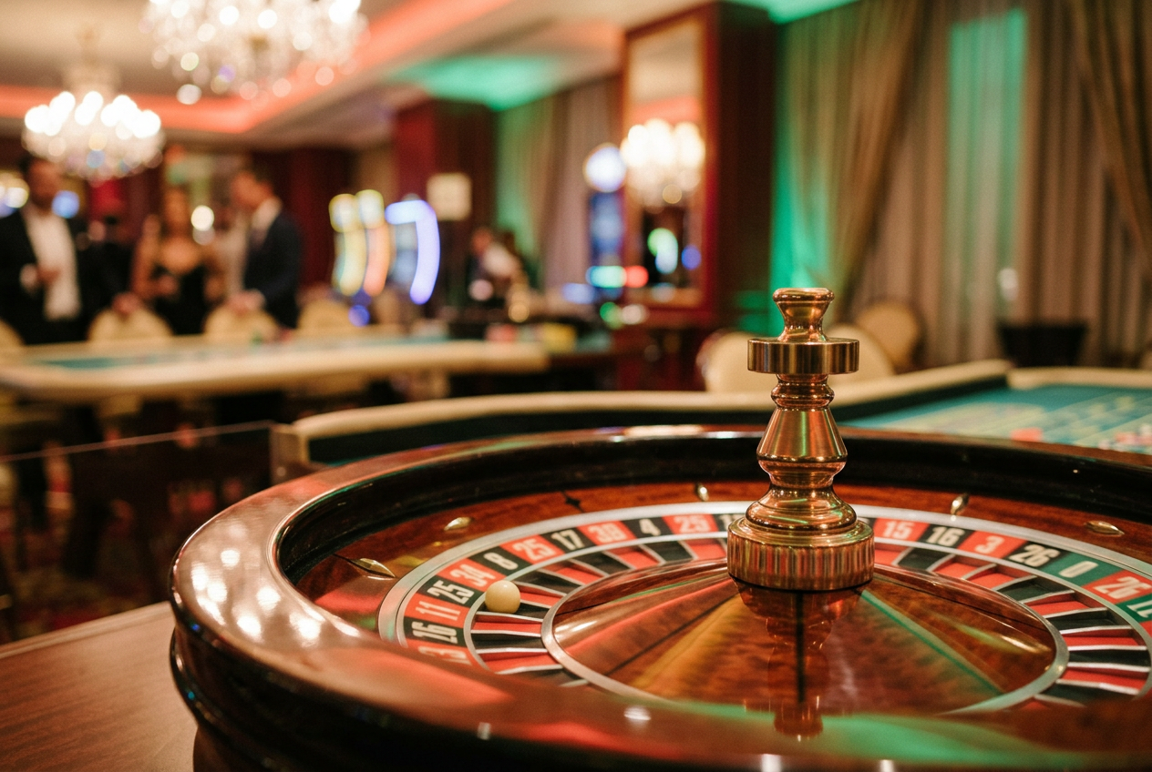 Atmosférický záběr na detail roztočené rulety v luxusním casinu s teplým osvětlením