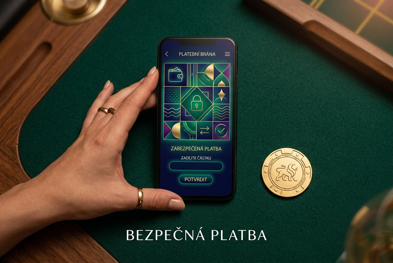 Ruka držící chytrý telefon s abstraktním rozhraním vedle kasinového žetonu