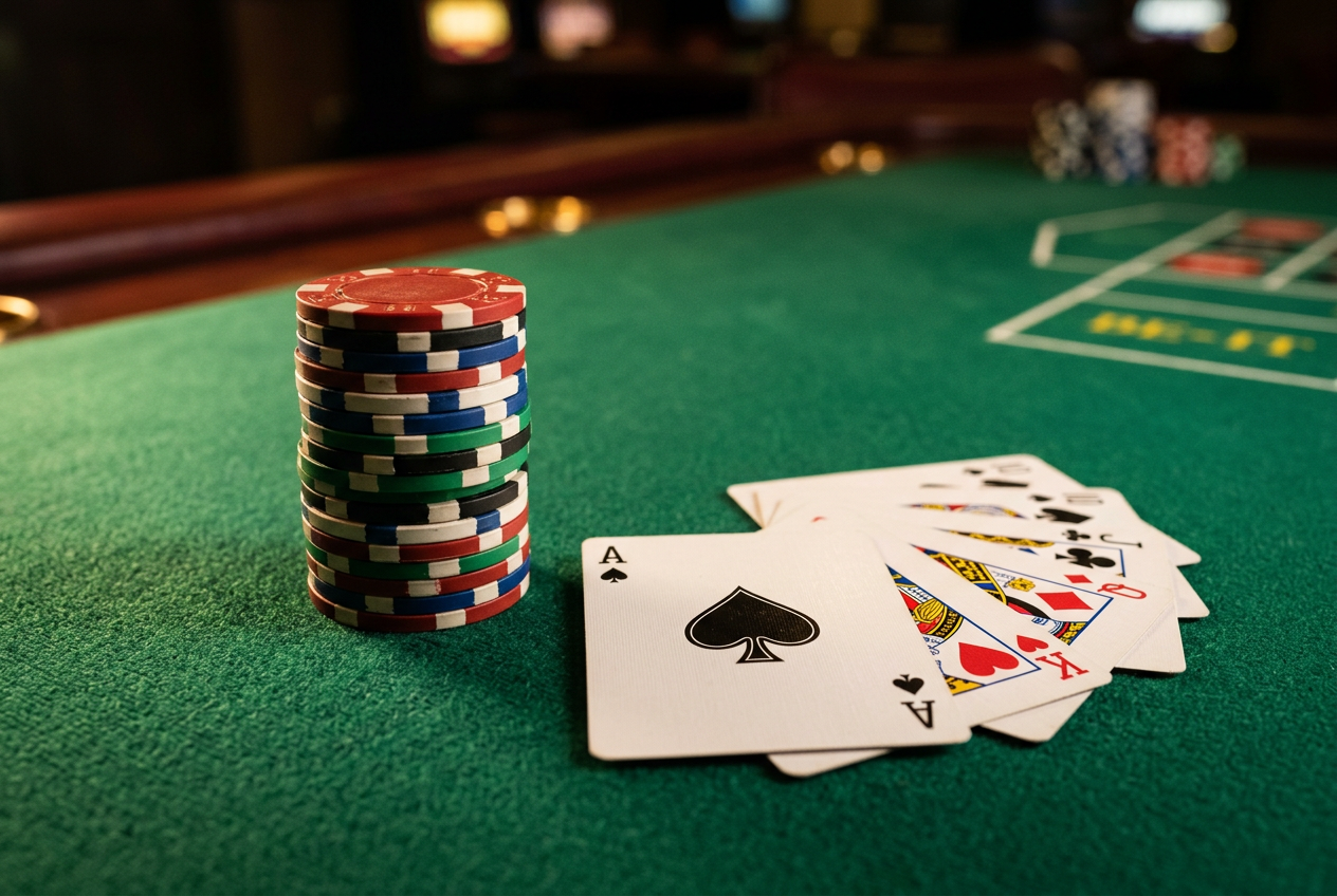 Detailní záběr na pokerové žetony a karty na zeleném plátně s analytickým osvětlením